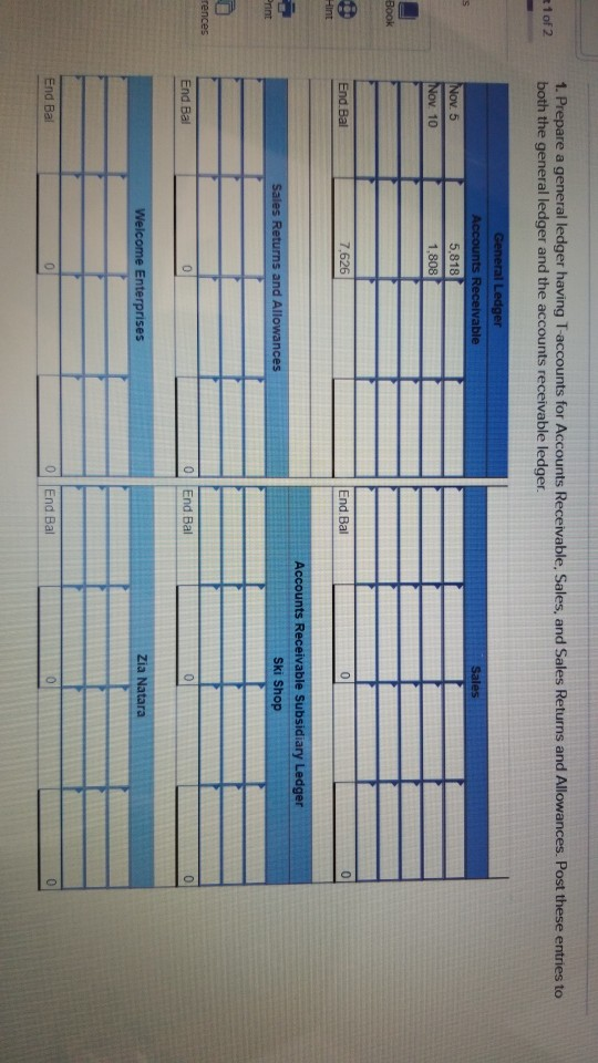 1 of 2 1. Prepare a general ledger having T-accounts for Accounts Receivable, Sales, and Sales Returns and Allowances. Post t
