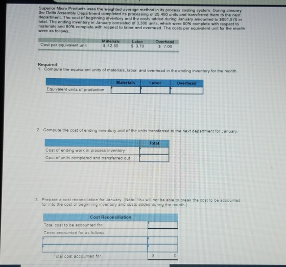BILIMI T Superior Micro Products uses the weighted average method in its process costing system. During January. the Delta As