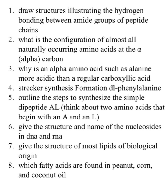 1. draw structures illustrating the hydrogen bonding between amide groups of peptide chains 2. what is the configuration of a