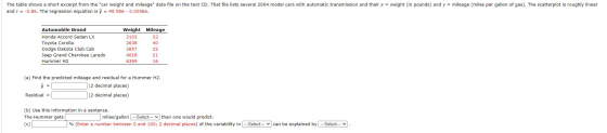 The table shows a short excerpt from the car weight and mileage data file on the text CD. That file lists several 2004 mode