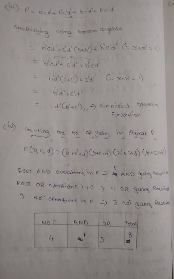 (11) f = bcdt bcdt bedt bed Simprifying using boolean angeboa bcd+cd (b+b) & bcd (. x40cl = 1) = bcdt cdt be