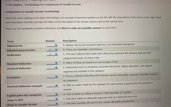 CHUJ. CILIpur 15 TUU ULJ 4. Vocabulary - Terminology for components of taxable income Components to Taxable Income Terminolog