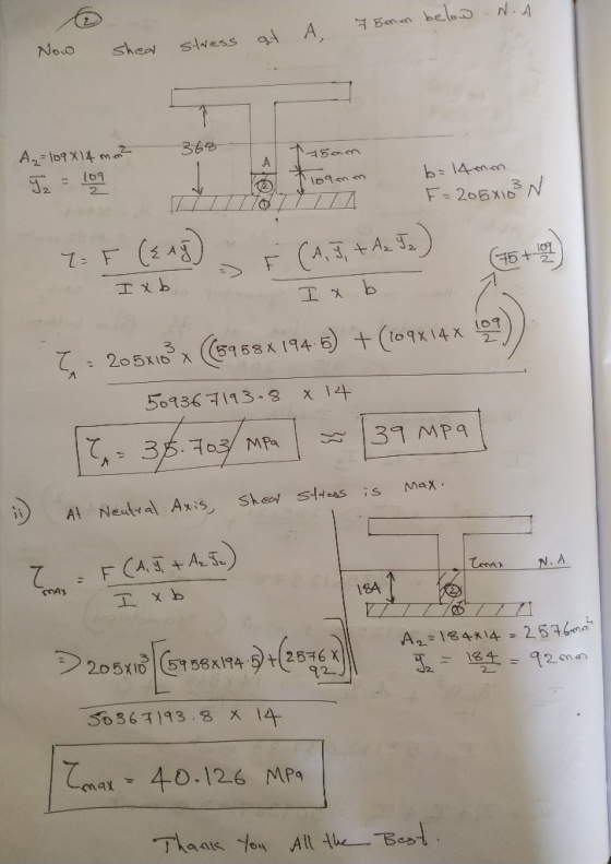 &5mm below N.A Now shea stress at A 368 15mm А Az=109814 mm² 109 2 109mn b=14mm F=2058103 N Z= F (zag E (A, J + A 2 J2) (75+