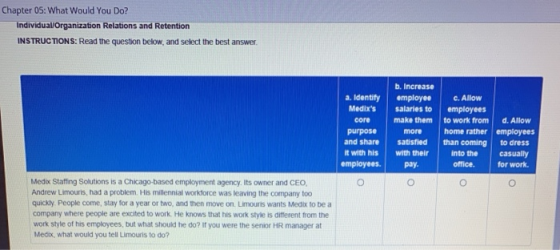Chapter 05: What Would You Do? Individual/Organization Relations and Retention INSTRUCTIONS: Read the question below, and sel