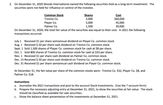 2. On December 31, 2020 Woods International owned the following securities held as a long-term investment. The securities wer