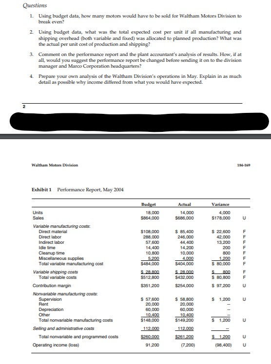 Questions 1. Using budget data, how many motors would have to be sold for Waltham Motors Division to break even? 2. Using bud