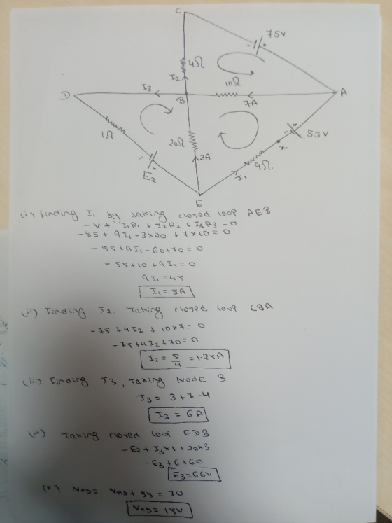 750 1. 102 ZA 55V AER CBA finching & by taking closed loop - vt I Ri Ja Rat Is R3=0 - 55+ 9 I, - 3420 +7x10=0 - 55ta I-GOAT
