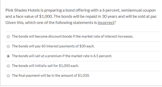 Pink Shades Hotels is preparing a bond offering with a 6 percent, semiannual coupon and a face value of $1,000. The bonds wil