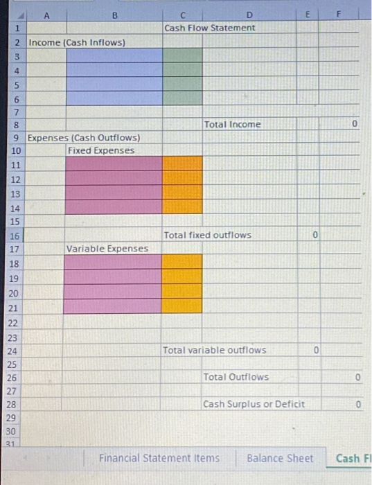 A B E F C с D Cash Flow Statement 1 2 Income (Cash Inflows) 3 4 5 6 Total Income 0 7 8 9 Expenses (Cash Outflows) 10 Fixed Ex