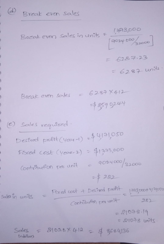 Break even sales 1723,000 1 Break even sales in units = (9024000/2000 = 6287.23 =6287 units Break even sales = 62874412 +3599