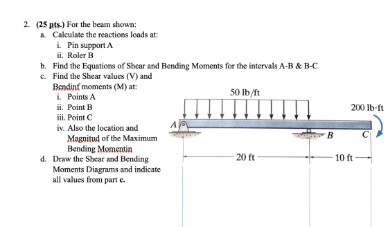 2. (25 pts.) For the beam shown: a. Calculate the reactions loads at: i. Pin support A ii. Roler B b. Find the Equations of S
