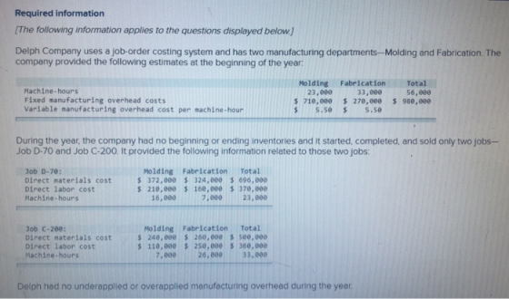 Required information (The following information applies to the questions displayed below) Delph Company uses a job-order cost