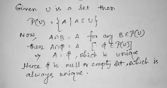Given o is a Set then Now, then and A PC) = SA |Acug AnB = for any BEPCU) 14 PU] A = 8, which is Herce & is null or empty set