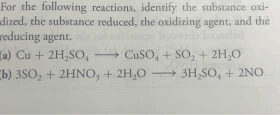 For the following reactions, identify the substance oxi- dized, the substance reduced, the oxidizing agent, and the reducing