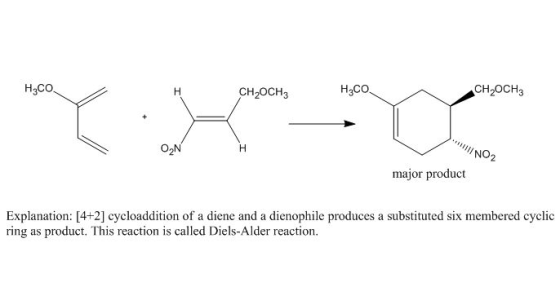 «Cн-оCHз Hасо. Hсо, CH-ОCH3 H O2N NO2 major product Explanation: [4+2] cycloaddition of a diene and a dienophile produces a s