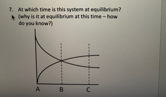 7. At which time is this system at equilibrium? (why is it at equilibrium at this time - how do you know?) A B C