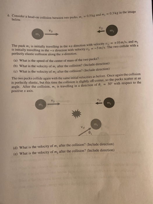 6. Consider a head-on collision between two pucks, T = 0.5 kg and m = 0.3 kg in the image below. V2 The puck m, is initially
