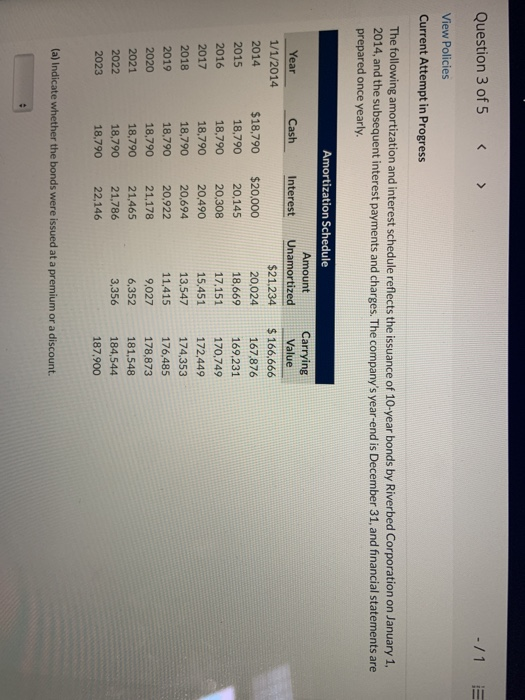 Question 3 of 5 -11 View Policies Current Attempt in Progress The following amortization and interest schedule reflects the i