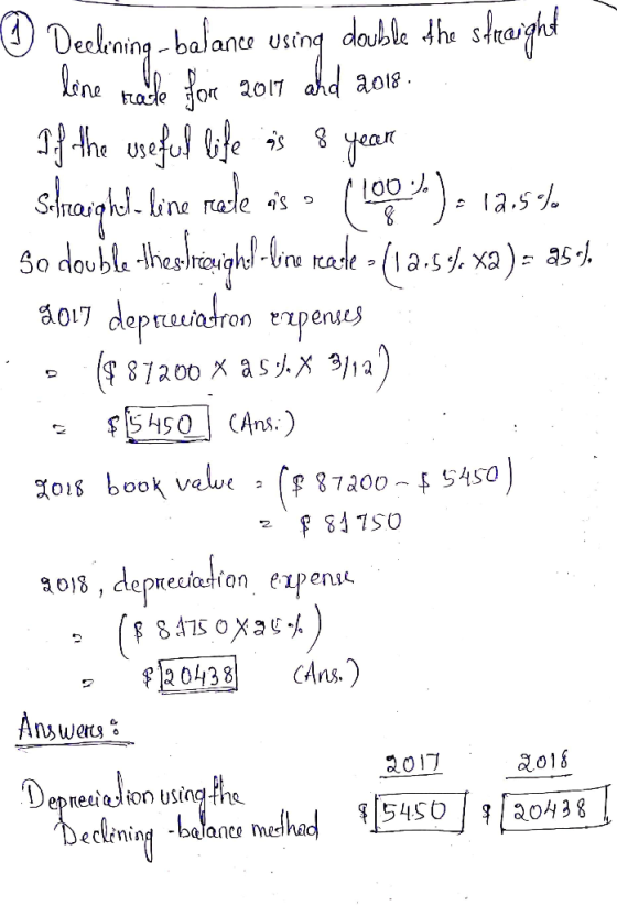 Declening - balance using double the straight lone reale fore 2017 ahd 2018 If the useful life is 8 year Straight line rate o