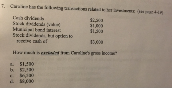 7. Caroline has the following transactions related to her investments: (see page 4-19) Cash dividends Stock dividends (value)