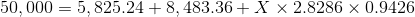 50,000=5,825.24+8,483.36+X\times2.8286\times 0.9426