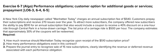 Exercise 6-7 (Algo) Performance obligations; customer option for additional goods or services; prepayment (LO6-3, 6-4, 6-5] A
