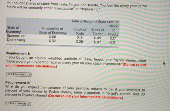 You bought shares of stock from Tesla, Target, and Toyota. You feel like every year in the future will be randomly either sp