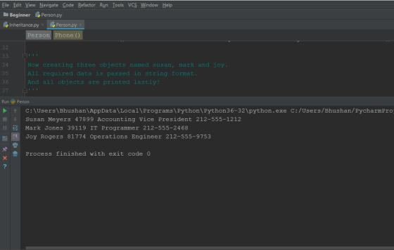 File Edit View Navigate Code Refactor Run Iools VCS Window Help ーBeginner ilPerson.py Inheritance.py Person.py Person Phone (