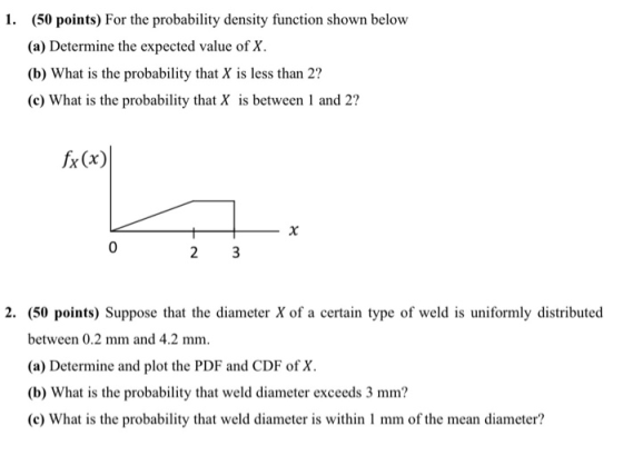 1. (50 points) For the probability density function shown below (a) Determine the expected value of X. (b) What is the probab