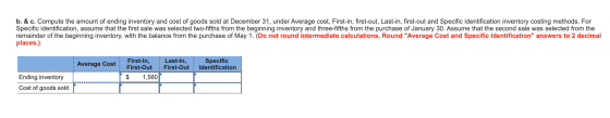 b. & c. Compute the amount of ending inventory and cost of goods sold at December 31, under Average cost, First-in, first-out