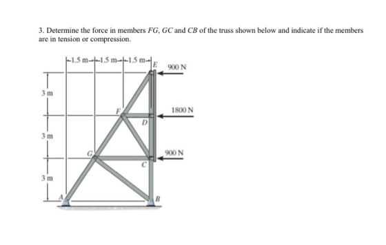 3. Determine the force in members FG, GC and CB of the truss shown below and indicate if the members are in tension or compre