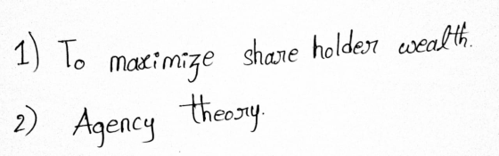 1) To maximize share holder wealth 2) Agency theory
