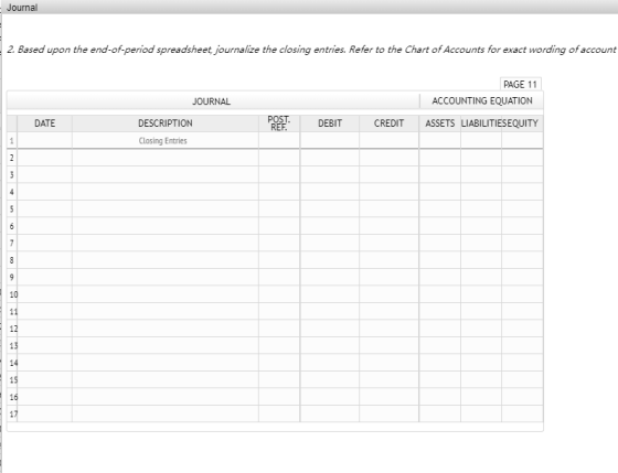 - Journal 2. Based upon the end-of-period spreadsheet journalize the closing entries. Refer to the Chart of Accounts for exac