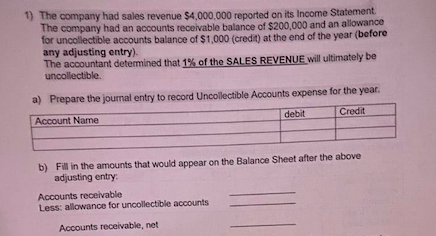 1) The company had sales revenue $4,000,000 reported on its Income Statement The company had an accounts receivable balance o