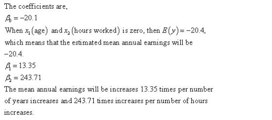 The coefficients are, 20.1 When x1(age) and x2 (hours worked) is zero, then E()-20.4, which means that the estimated mean annual earnings will be -20.4. A 13.35 A 243.71 The mean annual eanings will be increases 13.35 times per number of years increases and 243.71 times increases per num ber of hours increases.