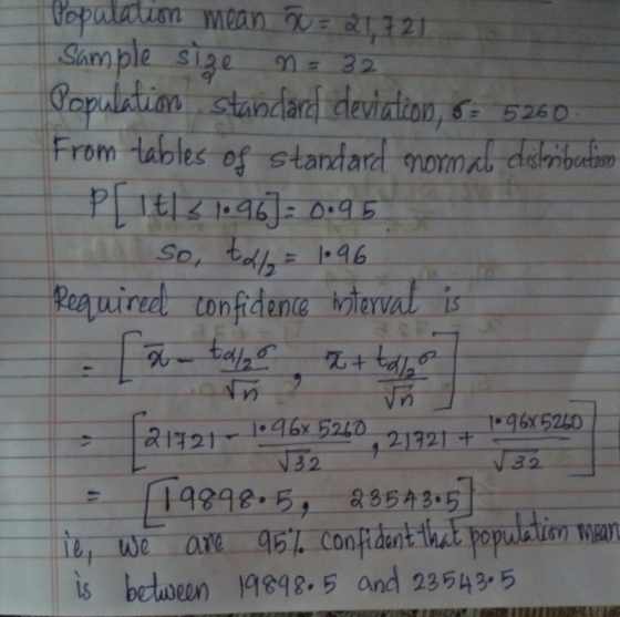 Population mean = 21,721 Sample size n = 32 Population standard deviation, 6- 5260 From tables of standard normal distributio
