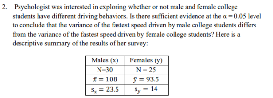 2. Psychologist was interested in exploring whether or not male and female college students have different driving behaviors.