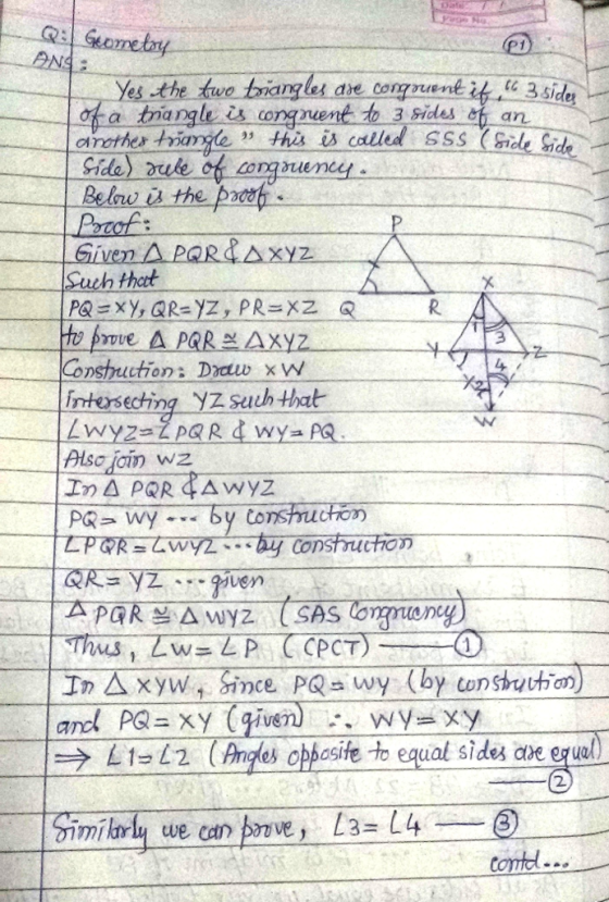 Yes the tuo trdngles die congsuent 3 side ofatriangleis-congruent to 3 sides-ep-n- Cueh theet Consthuction: Draw xW intesecting YZ suth that → Li-L2 (Anges oppos fe to equal sides the equD milarly we can boove, L3=