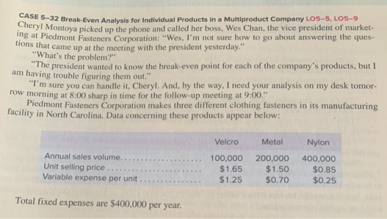 CASE 5-32 Break-Even Analysis for Individual Products in a Multiproduct Company LC5-5, L05-9 Cheryl Montoya picked up the pho