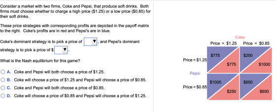 Consider a market with two firms, Coke and Pepsi, that produce soft drinks. Both firms must choose whether to charge a high p