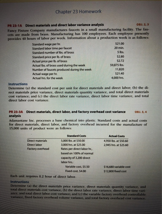 Chapter 23 Homework PR 23-1A Direct materials and direct labor variance analysis OBJ. 2,3 Fancy Fixture Company manufactures