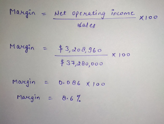 Margin = Net operating sales income $100 $3,208, 960 x 100 $ 37,280,000 Margin Margin = = 0.086 x 100 8.6%