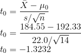 \\t_0 = \frac{\bar{X} - \mu_0}{s/\sqrt{n}} \\t_0 = \frac{184.55- 192.33}{22.0/\sqrt{14}} \\t_0 = -1.3232