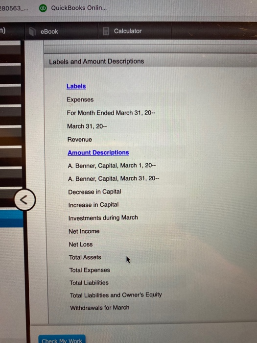 280563_... D QuickBooks Onlin... n) eBook Calculator Labels and Amount Descriptions Labels Expenses For Month Ended March 31,