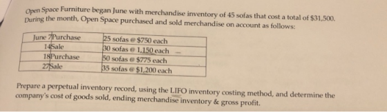 Open Space Furniture began June with merchandise inventory of 45 sofas that cost a total of $31,500. During the month, Open S