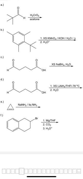 a.) H H_Cro acetone b.) 1. XS KMnO,/KOH/HOIA 2.H30* c.) ni XS NaBH,, H,0 H OH d.) o 1. XS LAIH/THF/-78 °C 2. H20 H OH e.) NaN