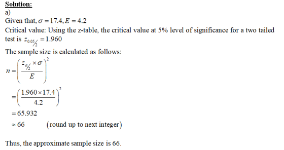 Solution: a) Given that, σ-17.4.5-4.2 Critical value: Using the z-table, the critical value at 5% level of significance for a