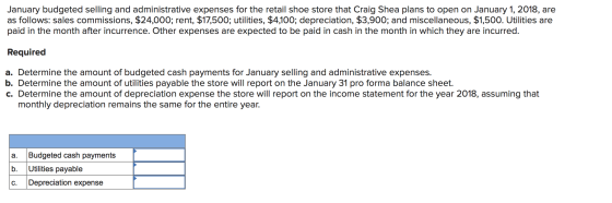 January budgeted selling and administrative expenses for the retail shoe store that Craig Shea plans to open on January 1, 20