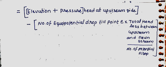 = [[Elevation + pressure]head at upstream side] 1 point e x Totw Head 1 loss between upstream and Down Stream No. of polentic