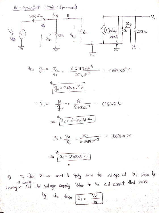 Ac- Carnivaleut circuit : (pi-model) B. 3302 w ovo f 20 122062 Vg Art Invbe & 3 look Voe lok-23 Zin E TIL Here gm Im = Ic - 9